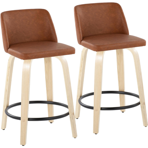 Toriano 24" Swivel Counter Stool in Natural Wood & Camel Leatherette w/ Black Footrest (Set of 2)